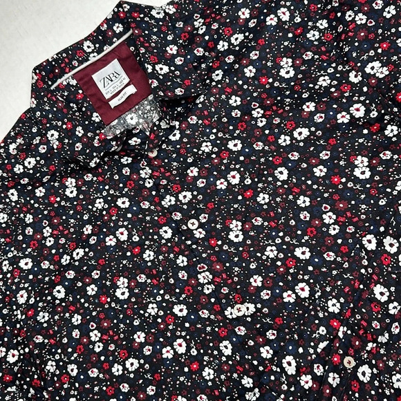 Zara Slim Fit Black Navy Floral Long Sleeve Button Down Men’s Size Large - Picture 3 of 12